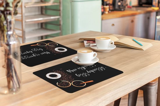 Set de table - Napperons en plastique - Café - Plus d'espresso Moins depresso - Citations - Énonciations - 45x30 cm - 6 pièces - Résistant à la chaleur - Antidérapant - Pad - Amovible