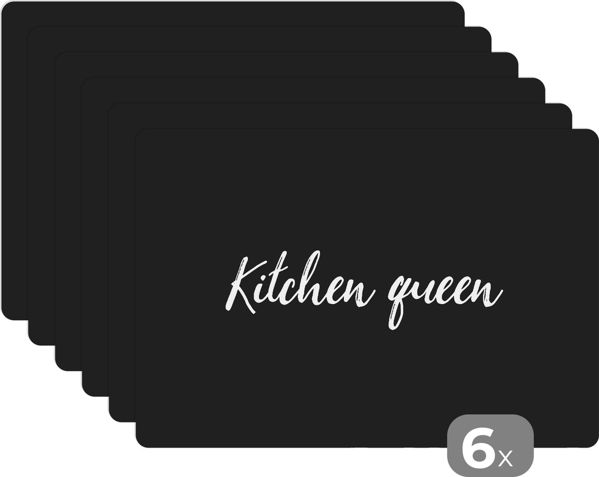 Placemat - Placemats kunststof - Quotes - Kitchen Queen - Vrouwen - Inductiebeschermer - Inductie Kookplaat - 45x30 cm - 6 stuks - Hittebestendig - Anti-Slip - Onderlegger - Afneembaar