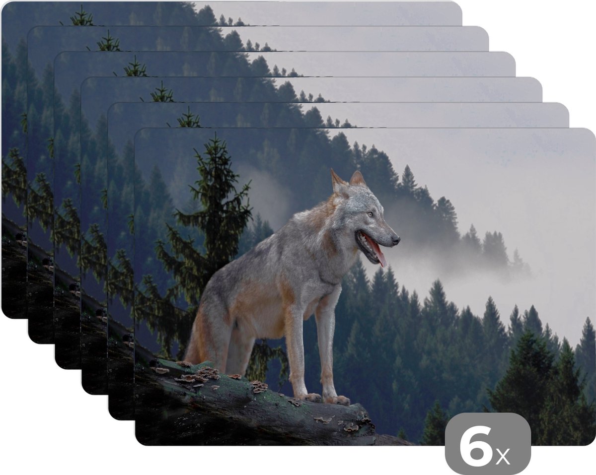 KitchenYeah - Placemats - Dieren - Wolf - Boomstam - Bos - Eettafel - Onderlegger - 45x30 cm - 6 stuks