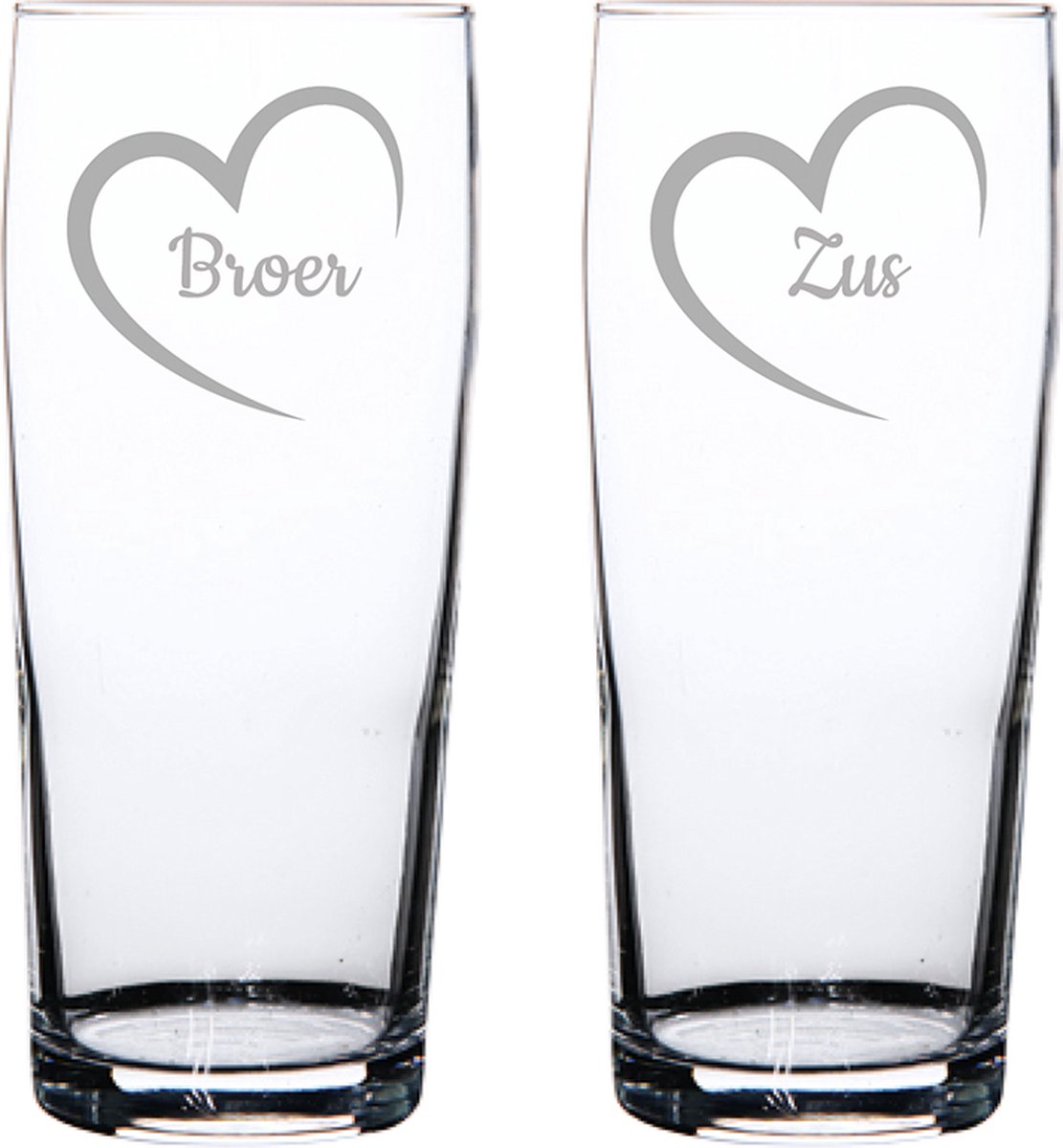 Gegraveerde bierfluitje 19cl Broer met hartje & Zus met hartje