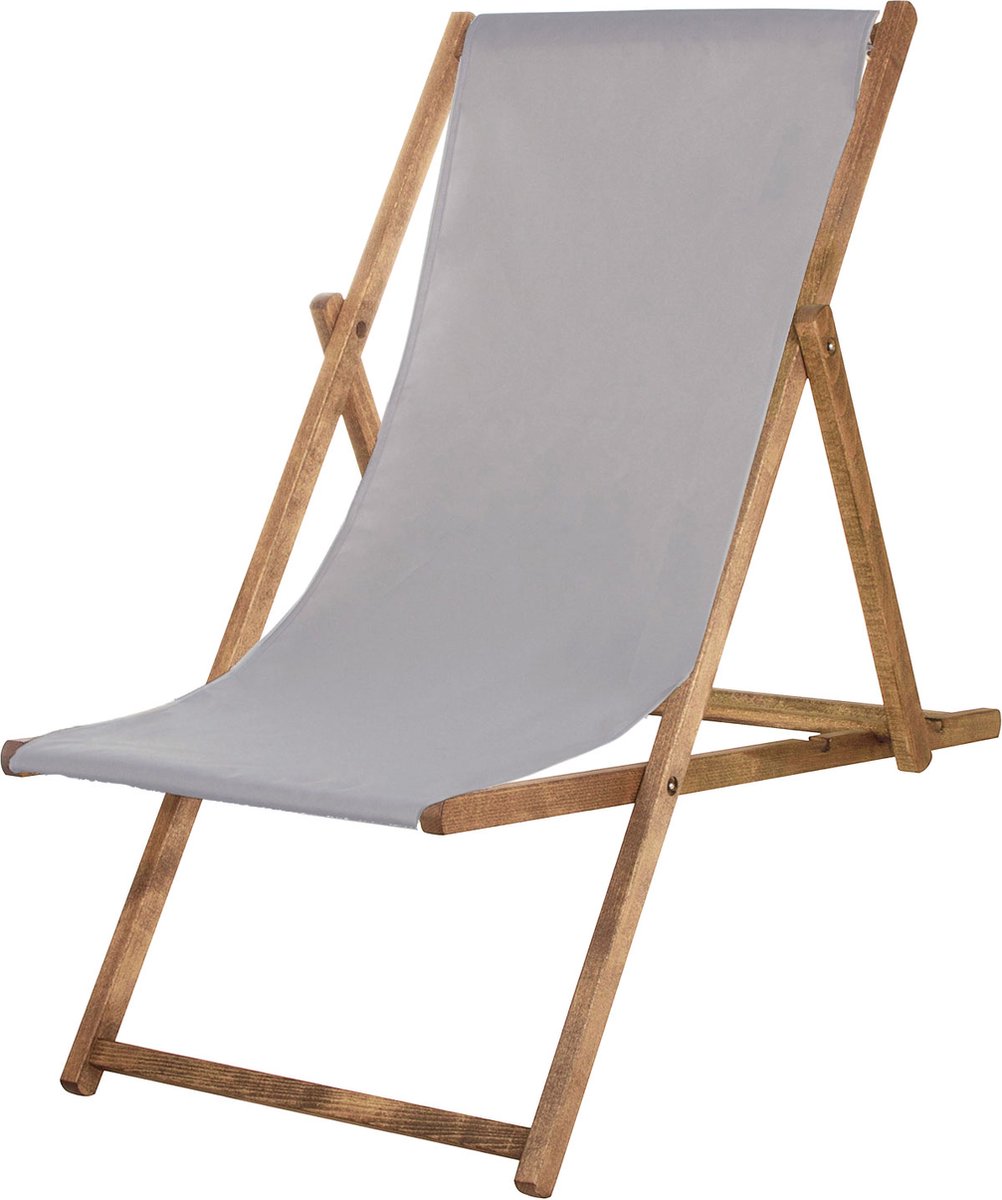Springos Houten Ligstoel | Strandstoel | Ligstoel | Verstelbaar | Beukenhout | Handgemaakt | Licht Grijs