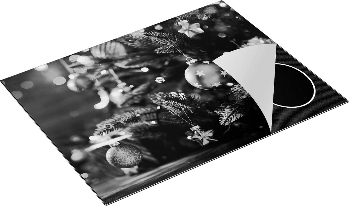 Chefcare Inductie Beschermer Kerstboom met Rode Lichtjes en Kerstballen - Zwart Wit - 77x59 cm - Afdekplaat Inductie - Kookplaat Beschermer - Inductie Mat