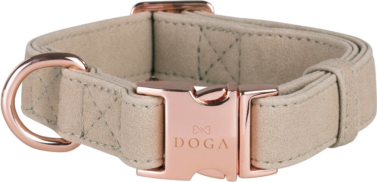 DOGA Hondenhalsband - Halsband - Steengrijs - Beige - Rosé goud - Vegan leer - maat M - bijpassende riem en dispenser mogelijk