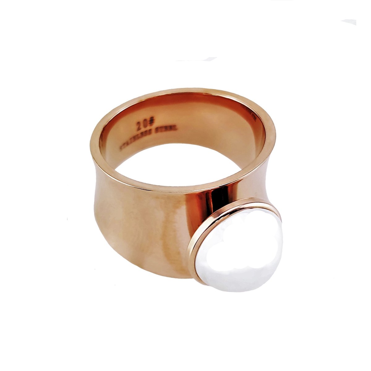 Brede Ring met Parel - Stalen RoséGoudkleur - Ring Dames