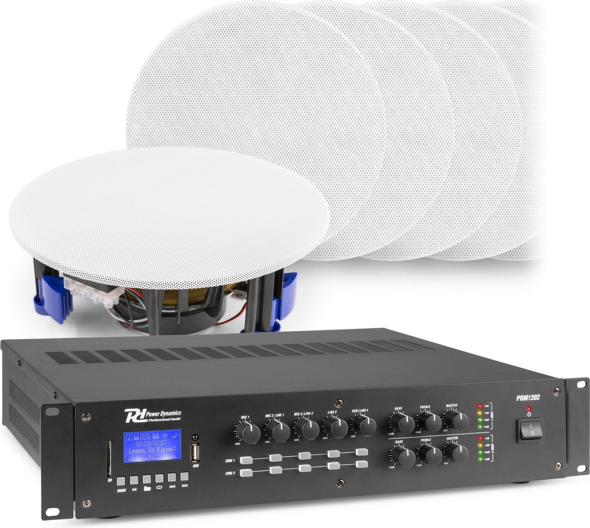 2-zone Bluetooth geluidsinstallatie van Power Dynamics - 12 witte plafondspeakers + 240W versterker