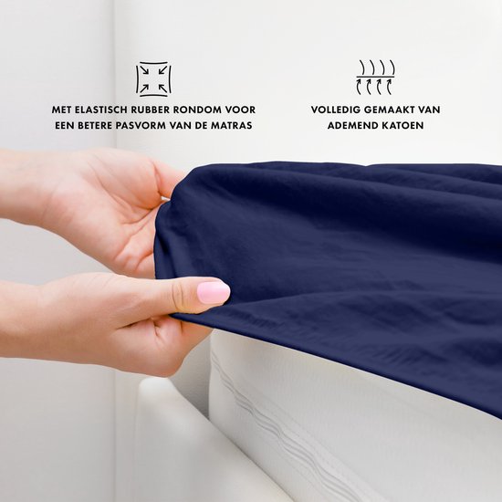 Donkerblauwe hoeslaken met elastisch rubber rondom voor een betere pasvorm.