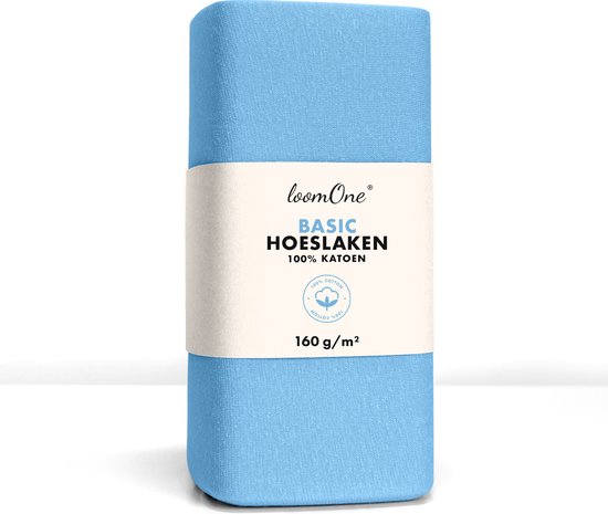 Loom One Hoeslaken – 100% Jersey Katoen – 100x220 cm – tot 35cm matrasdikte– 160 g/m² – Lichtblauw