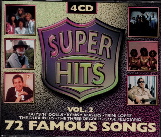 De voorzijde van een CD-hoes met de titel 'SUPER HITS VOL. 2 72 FAMOUS SONGS'. Bevat een grote paarse schildvormige afbeelding met de tekst 'SUPER HITS'. Vijf kleinere afbeeldingen van artiesten, waaronder een groep, een man met hoed, een man met bril, een zanger en een zangeres met gitaar.