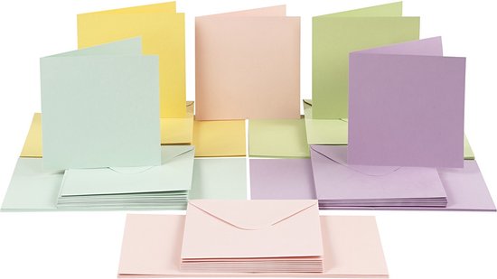 Kaarten En Enveloppen, 15x15 cm, 16x16 cm, Pastelkleuren, 50 Set - Creativ company