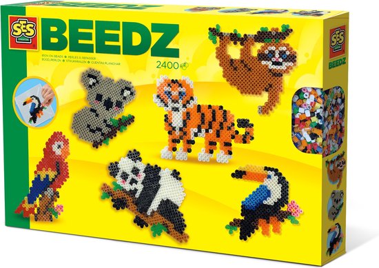 SES Beedz - Strijkkralen met legbord - grondplaat, 2400 strijkkralen en strijkvel - jungle dieren - toekan, panda, tijger, koala, luiaard, papegaai- PVC vrij - strijkkralen jongens