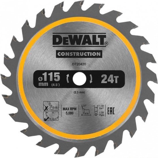 DeWalt Construction 115mm cirkelzaagblad, 24T. Zilverkleurig met gele ring.