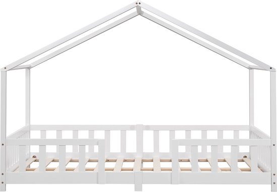 Lit d'enfants avec toit et protection antichute en bois blanc +matelas  200x90 cm au meilleur prix