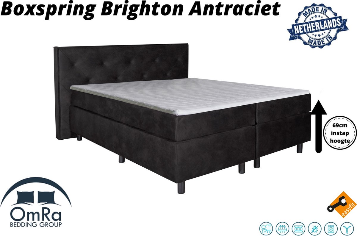Omra - Complete boxspring - Brighton Antraciet - 150x190 cm - Inclusief Topdekmatras - Hotel boxspring