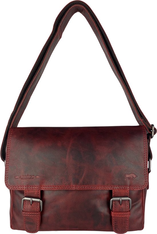 Sac bandoulière en cuir rouge avec boucles et logo taureau, avec sangle.