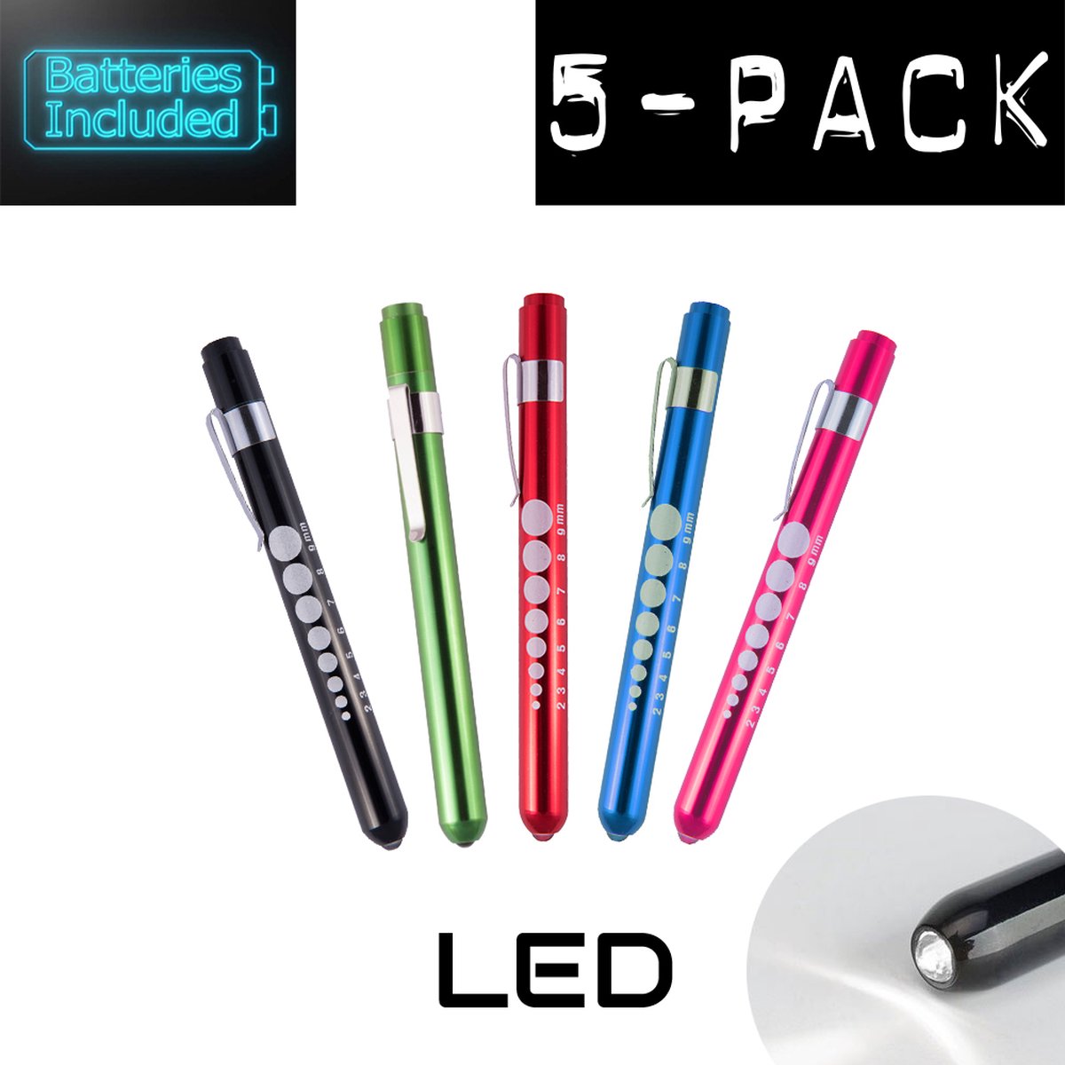 5x Pack Hospitrix LED Penlight in Verschillende Kleuren - Inclusief Batterijen - Aluminium