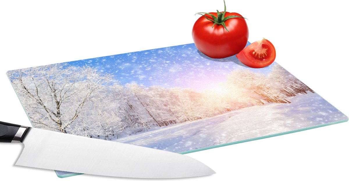 Glazen Snijplank - 28x20 - Sneeuw - Zon - Winter - Snijplanken Glas