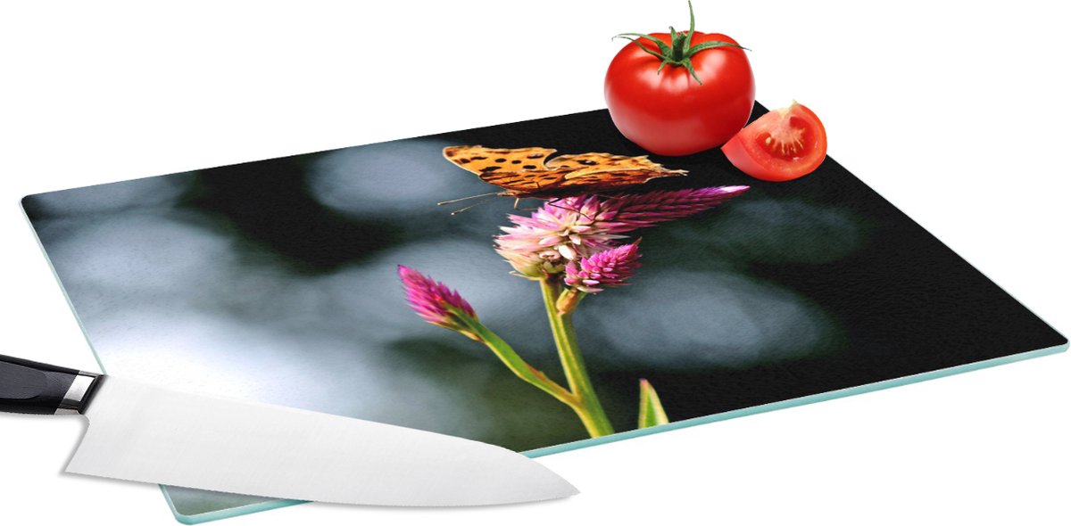 Glazen Snijplank - 39x28 - Vlinder - Bloemen - Insecten - Snijplanken Glas