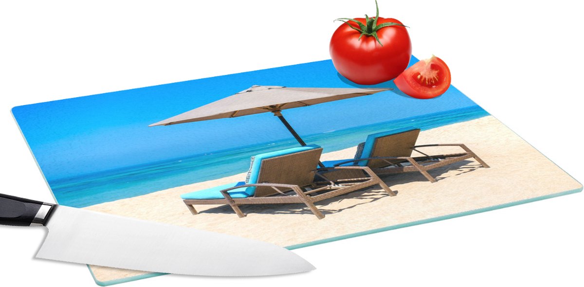 Glazen Snijplank - 39x28 - Strandstoel - Parasol - Zomer - Zee - Snijplanken Glas