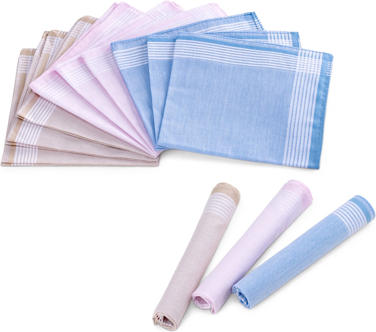 Goedkoopste JEMIDI dames- en herenzakdoeken 100 katoen - 28,5 x 28,5 cm - Combinatie van crème, blauw of roze met wit - Set van 12 - Herbruikbare zakdoeken