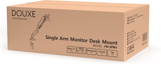 Doos van Douxe monitorarm met tekst 'Single Arm Monitor Desk Mount', model FM-SPM1.