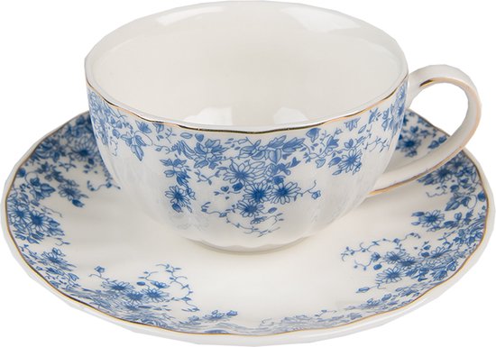 Clayre & Eef Kop en Schotel 200 ml Wit Blauw Porselein Bloemen