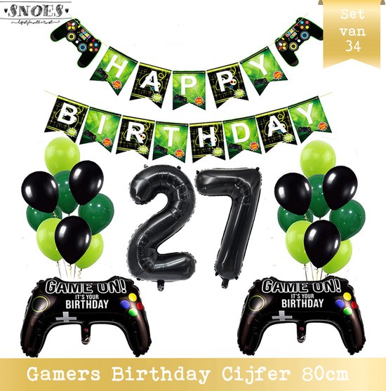Cijfer Ballon 27 - Game Gamers Birthday Mega Ballon Pakket  - Nummer ballon - DIY Slinger Happy Birthday - Playstation Verjaardag - Game verjaardag - 80 cm nummer ballon - Gamers Verjaardag 27 Jaar - Computer Spel Verjaardag