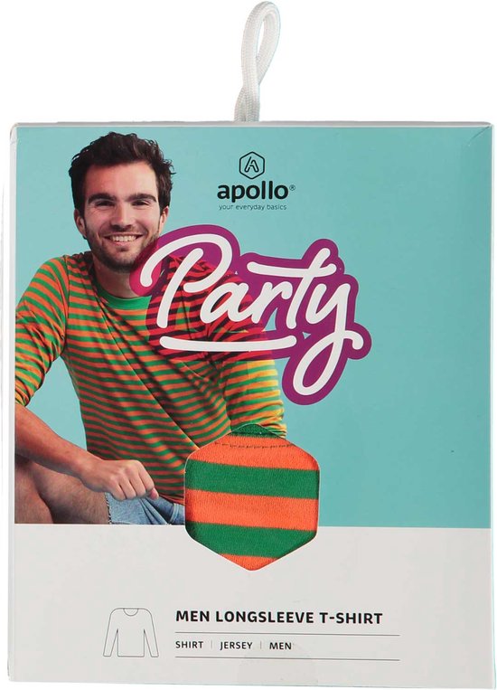 Een man op de verpakking van een oranje en groen gestreept heren T-shirt met het woord 'Party'.