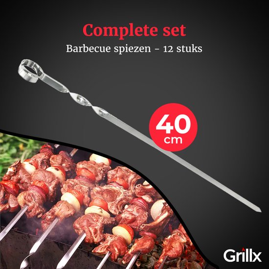 Ensemble de 12 brochettes GrillX (40 centimètres) - Brochettes de gril - Pics à brochettes - Accessoires de BBQ - Outils de barbecue - Peut également être utilisé comme bâtonnets de guimauve - Kebab