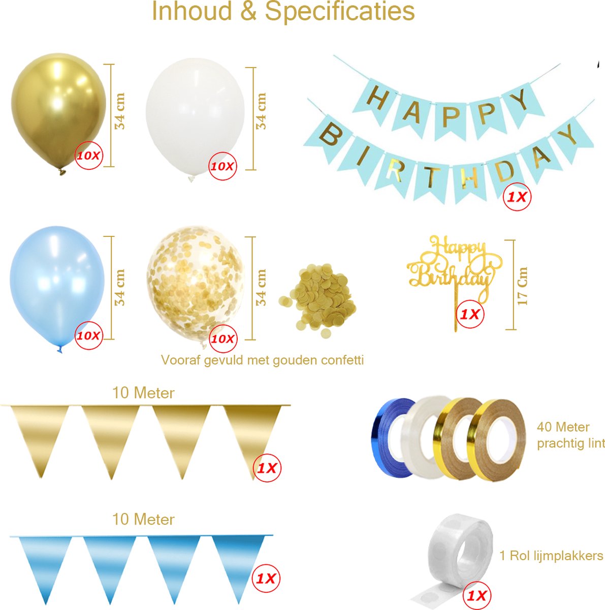 Happy Birthday Slingers Verjaardag Versiering Gouden Helium Ballonnen Abraham Feest Versiering Blauw Confetti Ballon — afbeelding 2