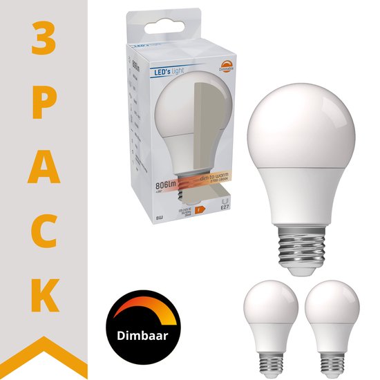DimToWarm LED Lamp E27 - Dimbaar naar extra warm wit - Mat - 8W (60W) - 3 lampen