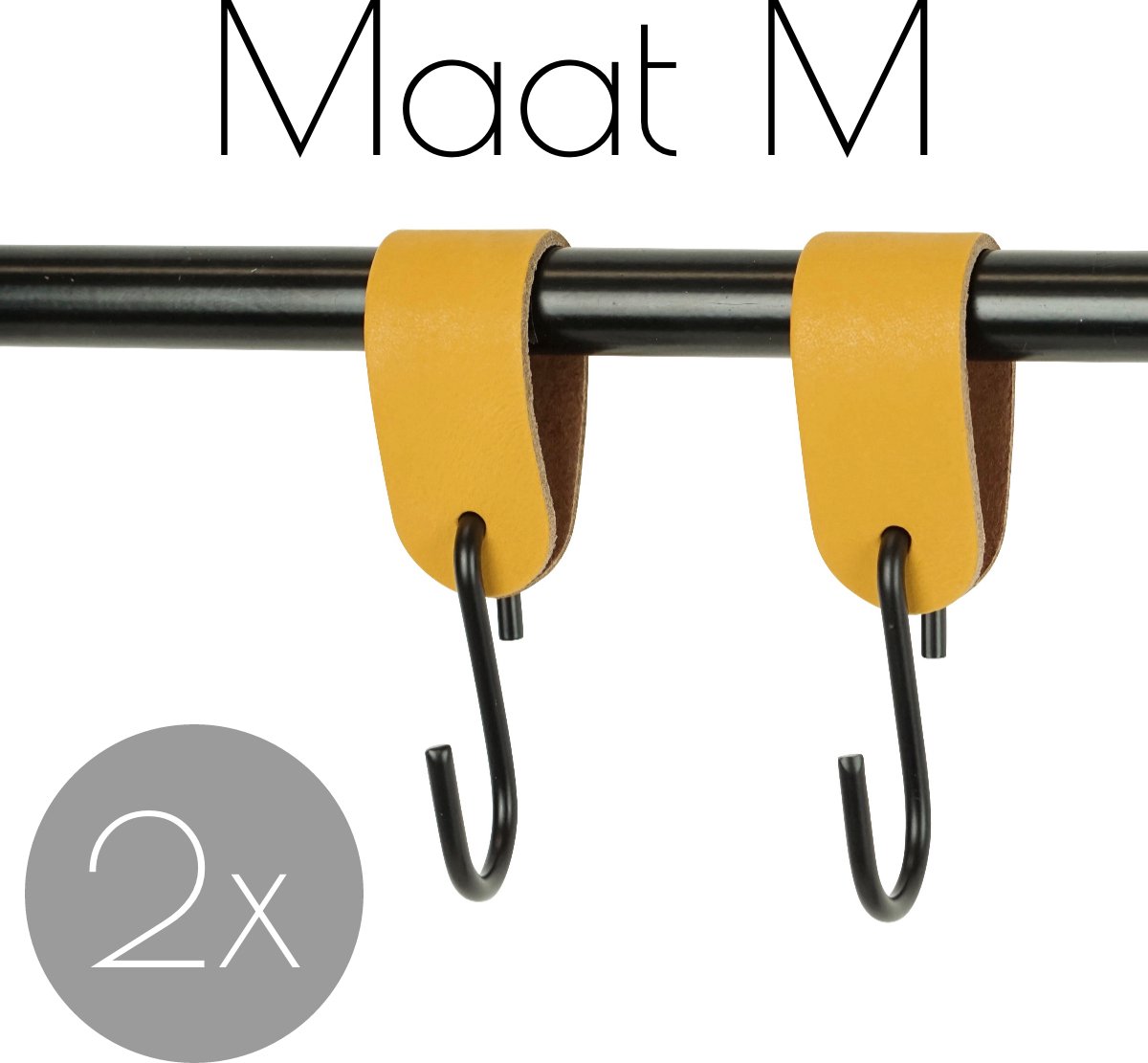 2x Leren S-haak hangers - Handles and more® | OKERGEEL - maat M (Leren S-haken - S haken - handdoekkaakje - kapstokhaak - ophanghaken)