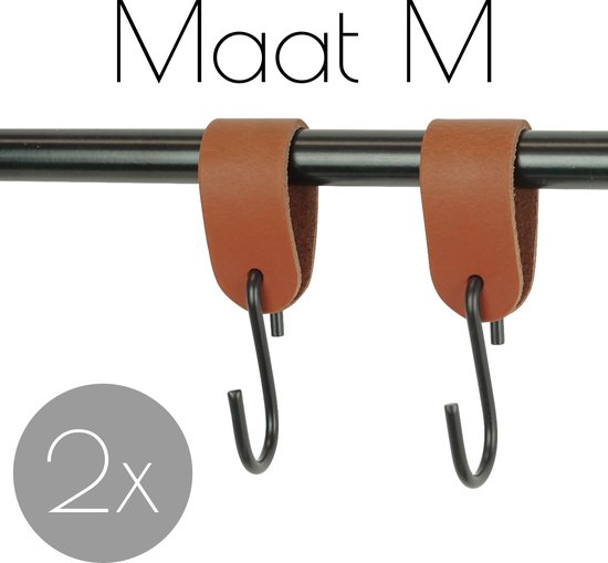 2x Leren S-haak hangers - Handles and more® | COGNAC - maat M  (Leren S-haken - S haken - handdoekkaakje - kapstokhaak - ophanghaken)