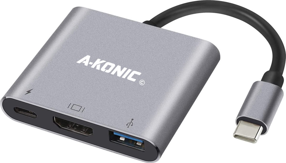 A-KONIC usb c naar hdmi adapter - 4K 30Hz - usb a en usb c opladen - 3 in 1 hub - type c to hdmi, usb 3.0 & type-c fast charging - Geschikt voor o.a. Apple Macbook - IMAC - Dell - Surface - Samsung
