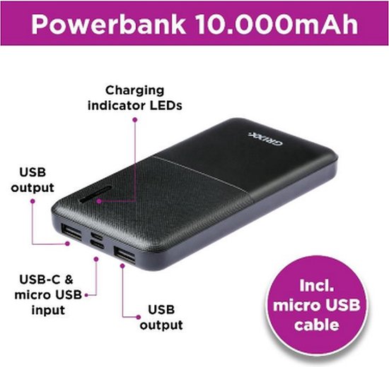 Grixx Powerbank - 10.000 mAh + USB-A/USB-C/Micro USB - Incl.Kabel-Zwart -  Powerbank -... | bol