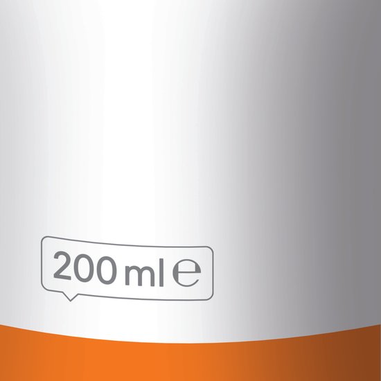 200 ml etiket op een witte achtergrond met oranje accenten.