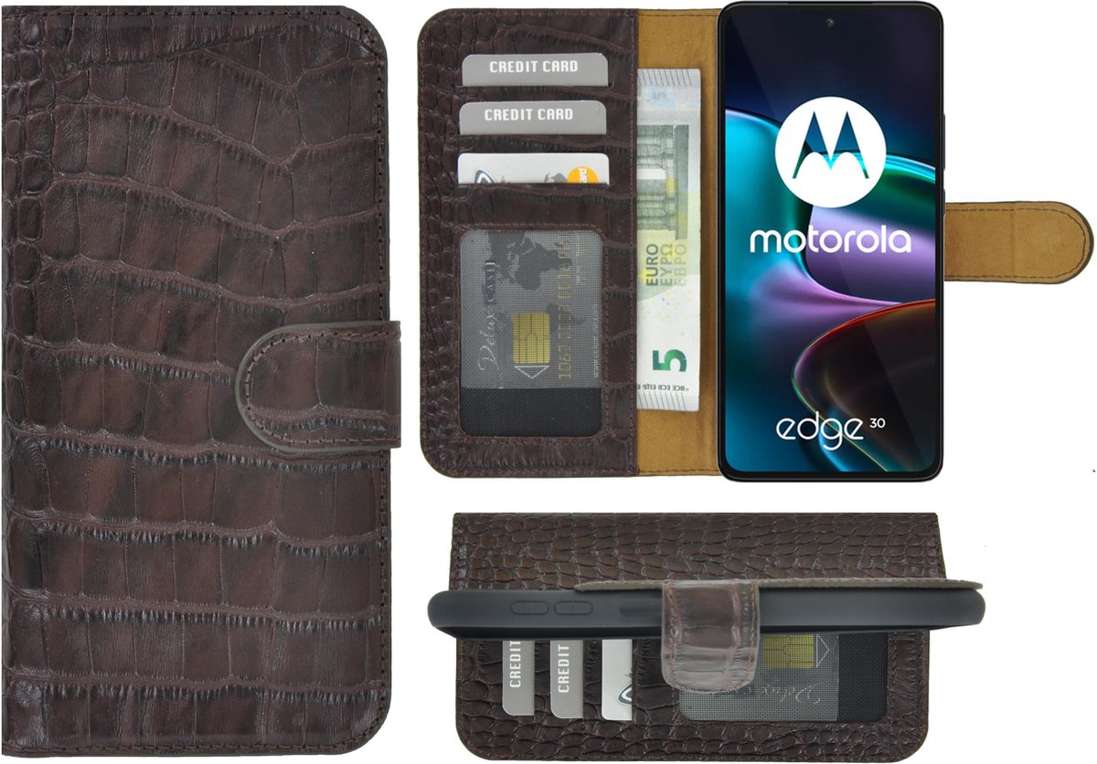 MoDo hoesje voor Motorola Edge 30 - Leer Book Case - Croco chocoladebruin