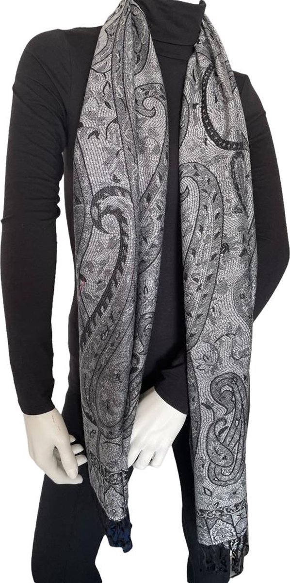 Pashmina Sjaal- Fashion Sjawl Pareo Omslagdoek- Fijn geweven Sjaal 206/2- Grijs met zwart