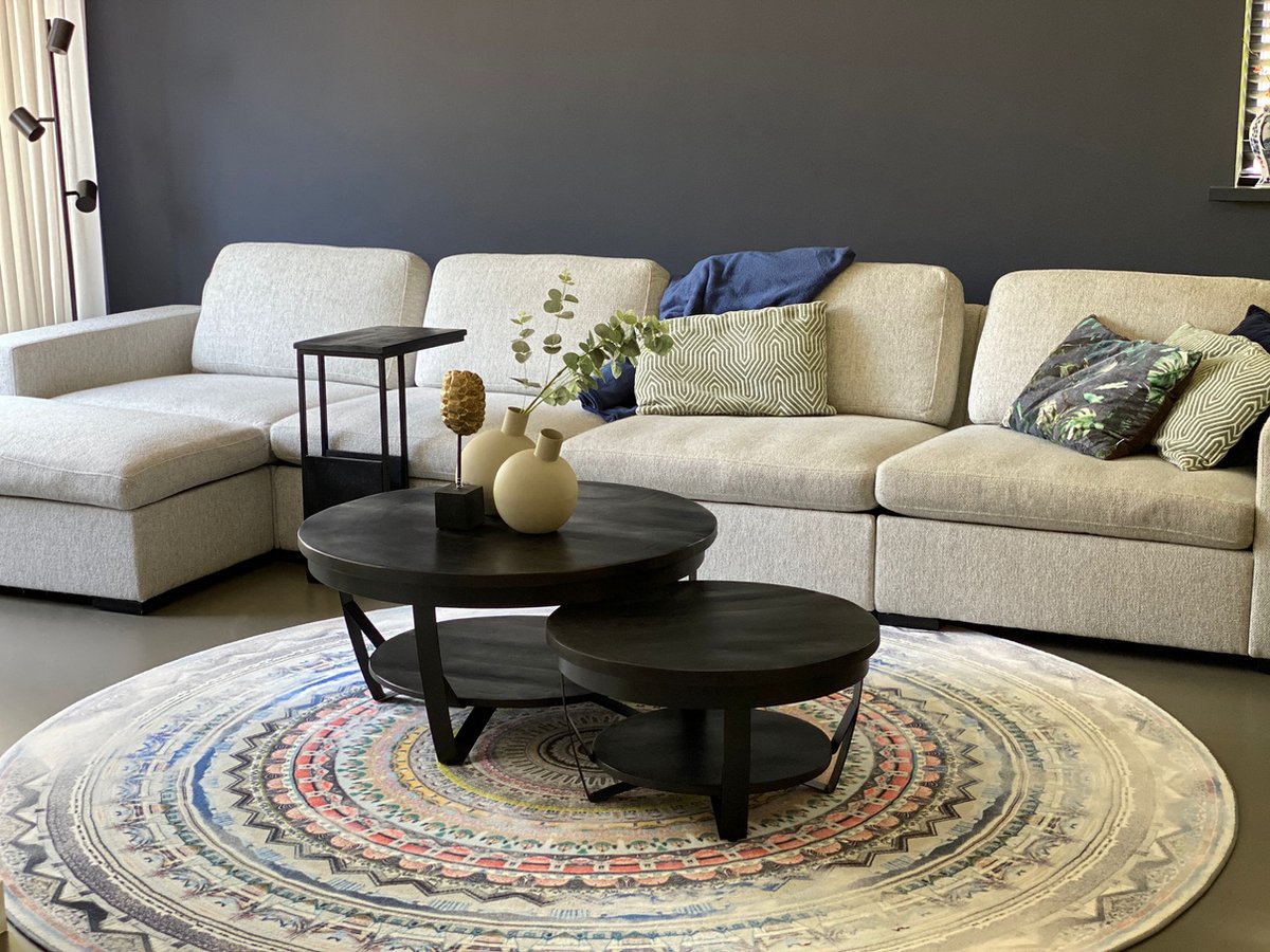 Combi-deal Salontafel rond Paras 90cm & 65 cm Mangohout Industrieel salontafels zwart