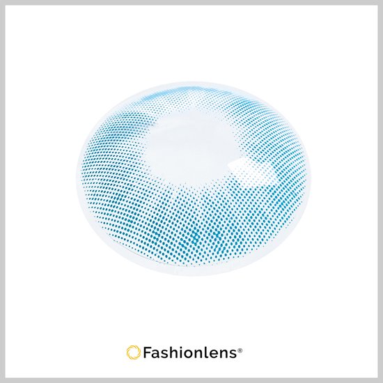 Eén lichtblauwe contactlens met een stippatroon. Fashionlens® logo onderaan.
