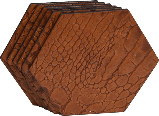 Tannery Leather - Onderzetters - Leer - Croco - Cognac - Zeshoek -6 stuks