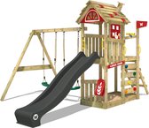 WICKEY speeltoestel klimtoestel FarmFlyer met schommel, rood zeil & antracietkleurige glijbaan, outdoor klimtoren voor kinderen met zandbak, ladder & speelaccessoires voor de tuin