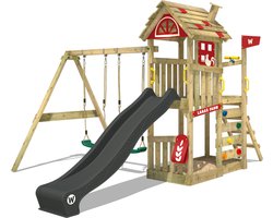 WICKEY speeltoestel klimtoestel FarmFlyer met schommel, rood zeil & antracietkleurige glijbaan, outdoor klimtoren voor kinderen met zandbak, ladder & speelaccessoires voor de tuin