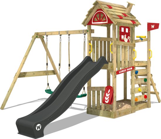 FATMOOSE klimtoestel ActionArena Air speeltoestel met schommels & appelgroene glijbaan, outdoor speeltoestel voor kinderen met ladder, basketbalring & speelaccessoires voor de tuin