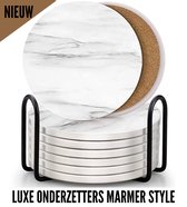 ATV PERFECTUM Luxe Marmeren Onderzetters met Houder - 6 stuks - Onderleggers voor Glazen - Glasonderzetters voor op Tafel - Coasters - Wit – Rond