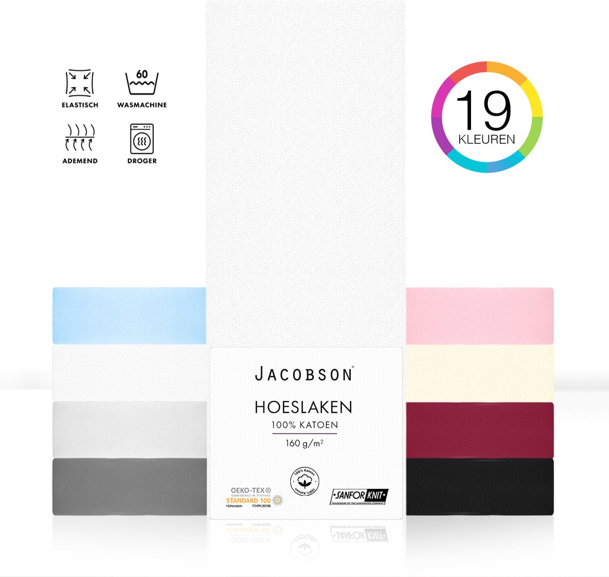 Jacobson PREMIUM - Jersey Hoeslaken - 100x200cm - 100% Katoen - tot 23cm matrasdikte - Wit
