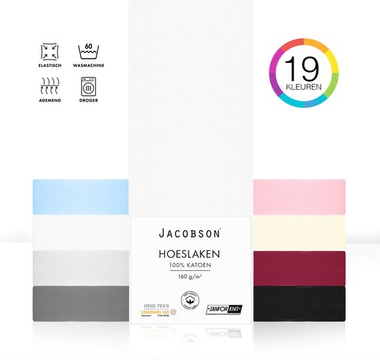 Jacobson PREMIUM - Jersey Hoeslaken - 100x200cm - 100% Katoen - tot 23cm matrasdikte - Wit