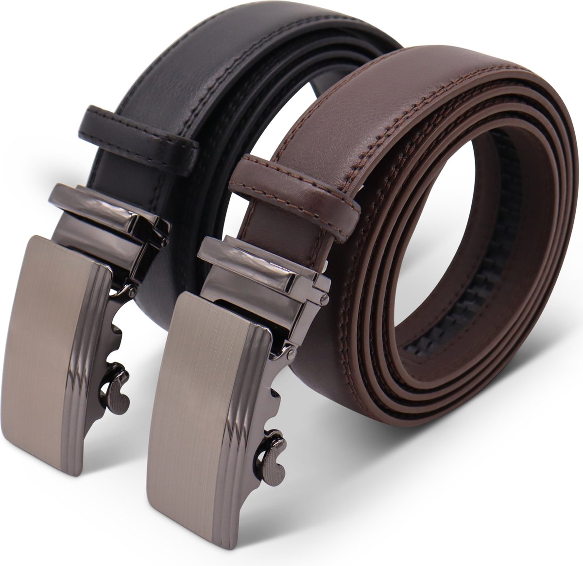 Riem Heren 2 stuks, KEMISANT Riem met automatische gesp Lederen riem voor Heren Verstelbaar 35mm Breed met Geschenkdoos(Zwart/Tawny,105cm/28-34taille aanpassing