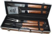 S LUXURY BBQ set/4, Ensemble d'outils pour barbecue Pinces, spatule, fourchette, couteau en acier inoxydable avec manche en bois de noyer huilé dans un étui de luxe