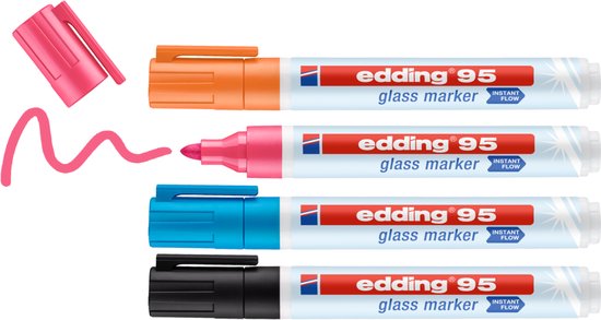 Edding 95 - Zwart, Wit, Oranje, Roze - Glasmarker - Raamstift - Set van