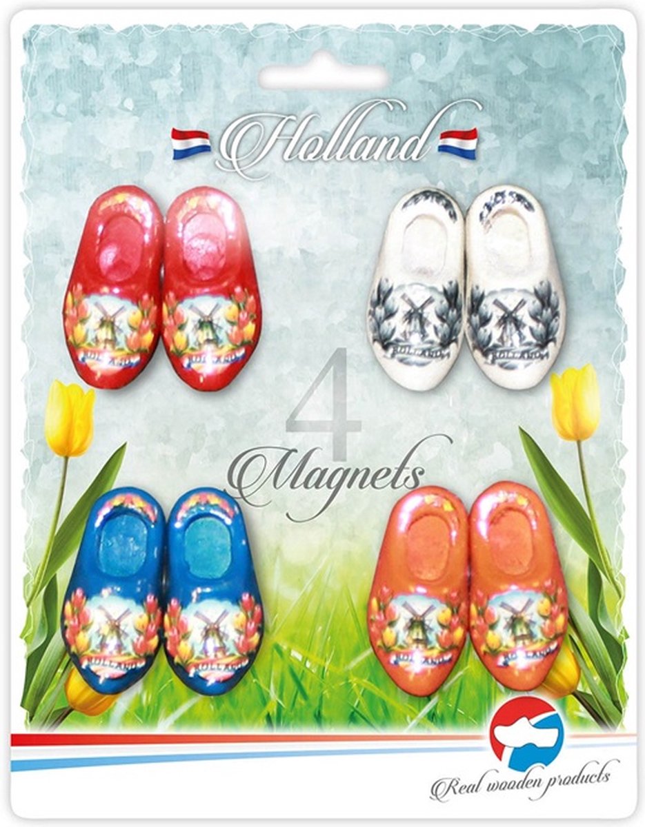 Set Magneten Hollandse Klompen - 4 stuks - rood, blauw, oranje, wit - souvenir